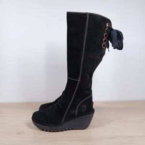 Fly London Black Knee High Wedge Heel Lace Detail Side Zip Boots 1263